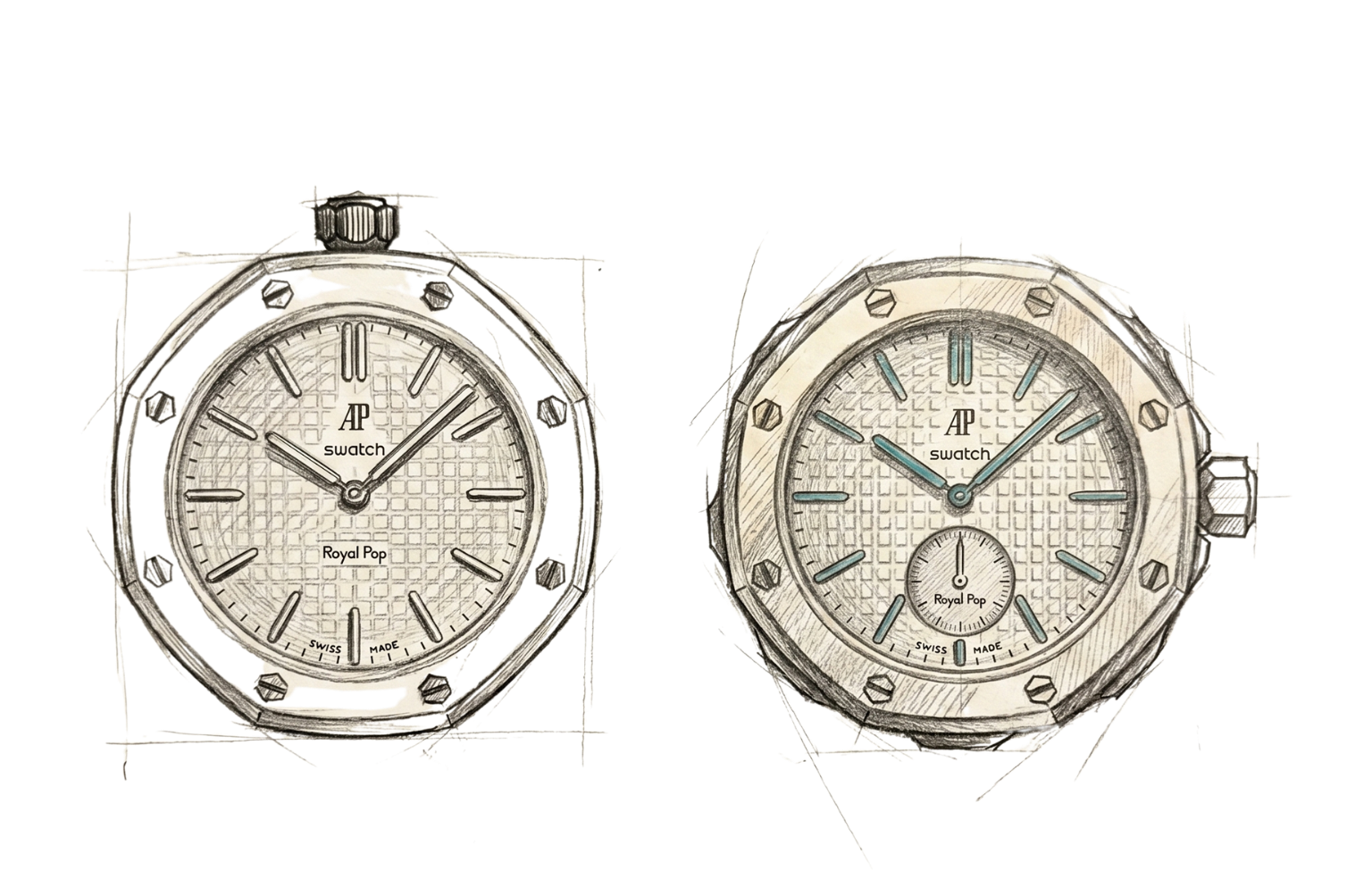 AP × Swatch Royal POP crown orientation guide — Strap I, crown at 12