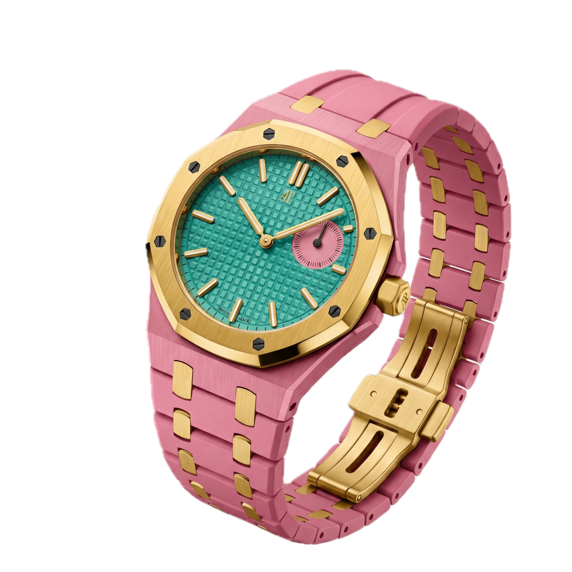 AP × Swatch Royal Pop with pink Royal Pop Wristband and turquoise dial